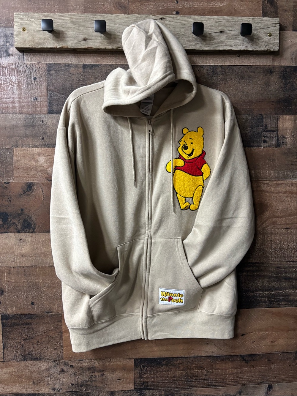 Disney Beige Winnie the Pooh Zip Hoodie with Yellow & Red Applique